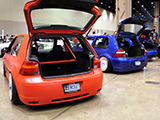 Orange and Bluw VW GTIs